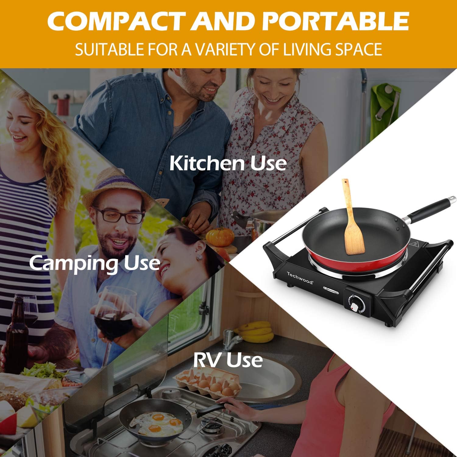 Techwood Hot Plate Portable Electric Stove 1500W Countertop Single Burner with Adjustable Temperature & Stay Cool Handles, 7.5” Cooktop for Dorm Office/Home/Camp, Compatible for All Cookwares - Image 5