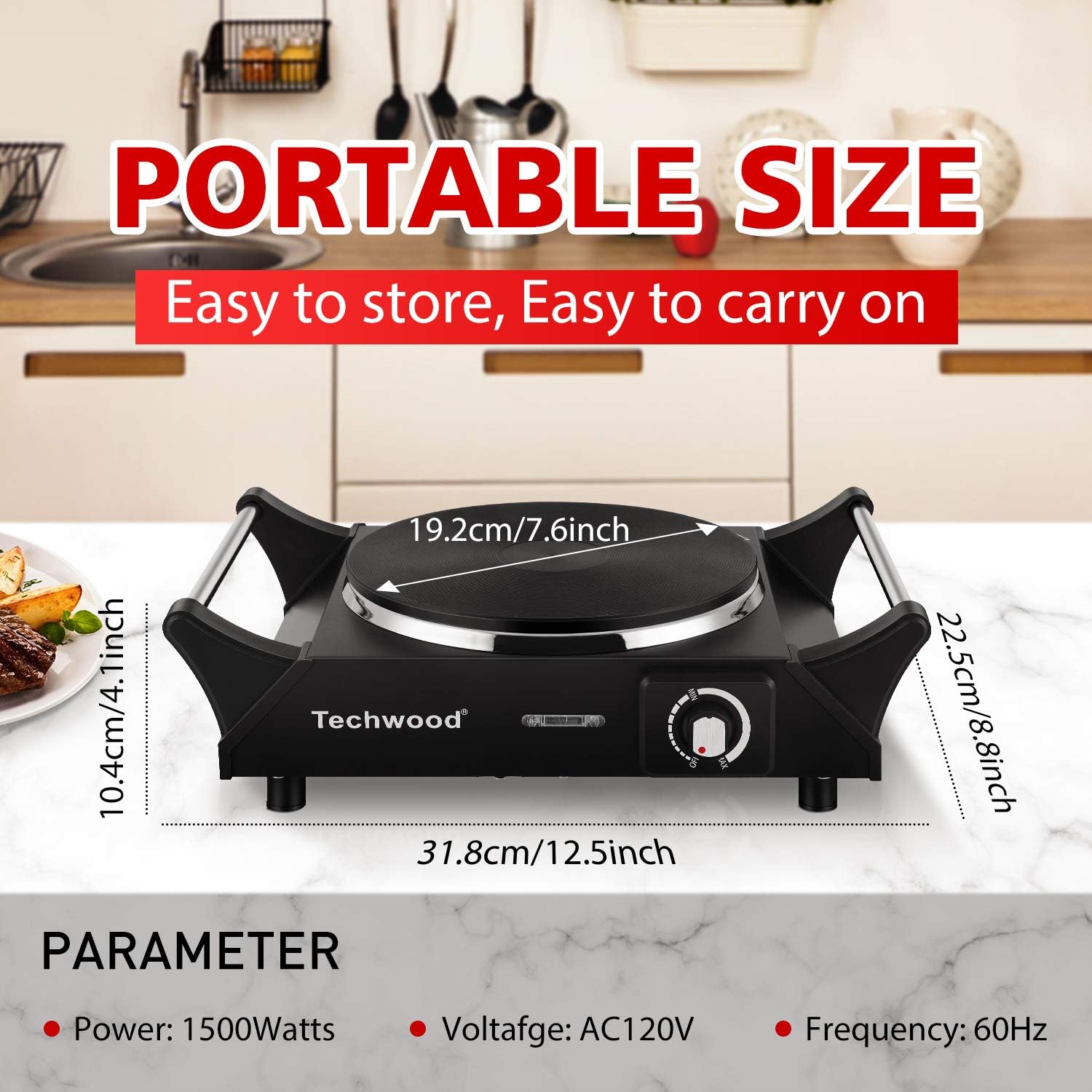 Techwood Hot Plate Portable Electric Stove 1500W Countertop Single Burner with Adjustable Temperature & Stay Cool Handles, 7.5” Cooktop for Dorm Office/Home/Camp, Compatible for All Cookwares - Image 6
