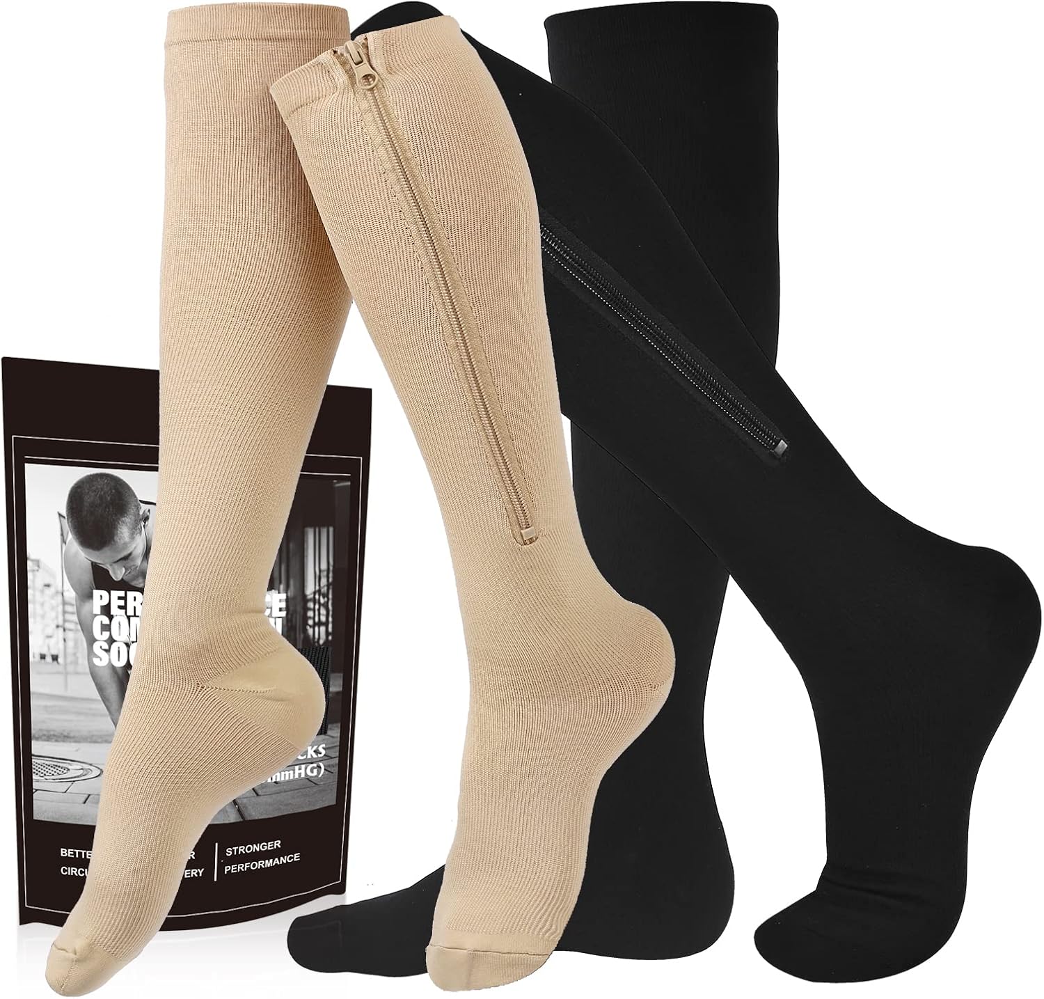 cerpite Zipper Compression Socks, 2 Pairs 15-20 mmHg Closed Toe Compression Stockings for Men Women,Suit for Running