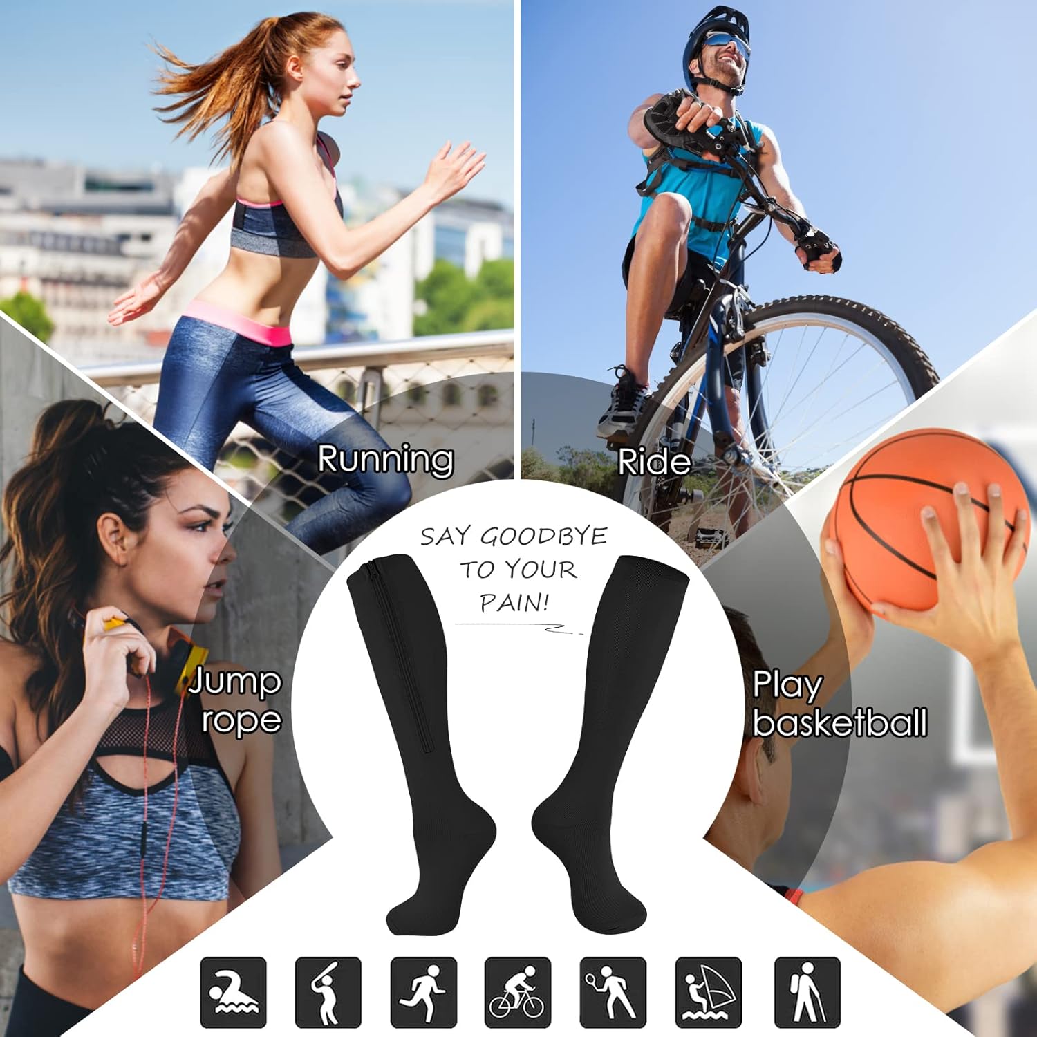 cerpite Zipper Compression Socks, 2 Pairs 15-20 mmHg Closed Toe Compression Stockings for Men Women,Suit for Running - Image 5